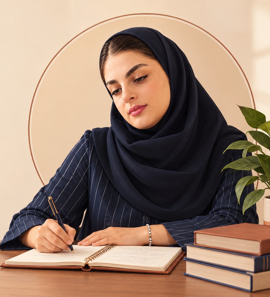 مائده فشی، معلم زبان انگلیسی، در حال نوشتن جزوه